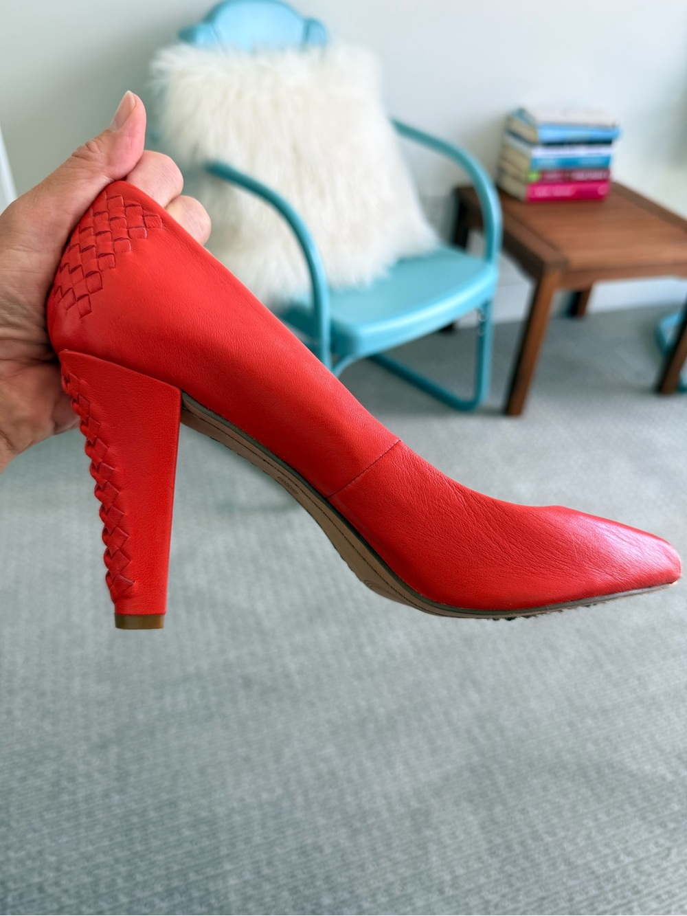 Elliott Lucca Orange Peep-Toe Woven Leather Heels